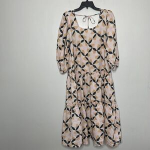 THE ODELLS Dress Womens Small Lyla Printed Linen Midi Pink Square Neck Relaxed